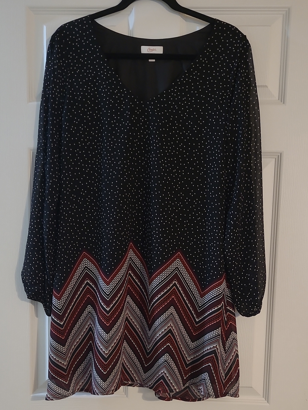 Candie's Black Polka Dot Long-Sleeve Dress with Red Chevron Hem Size L